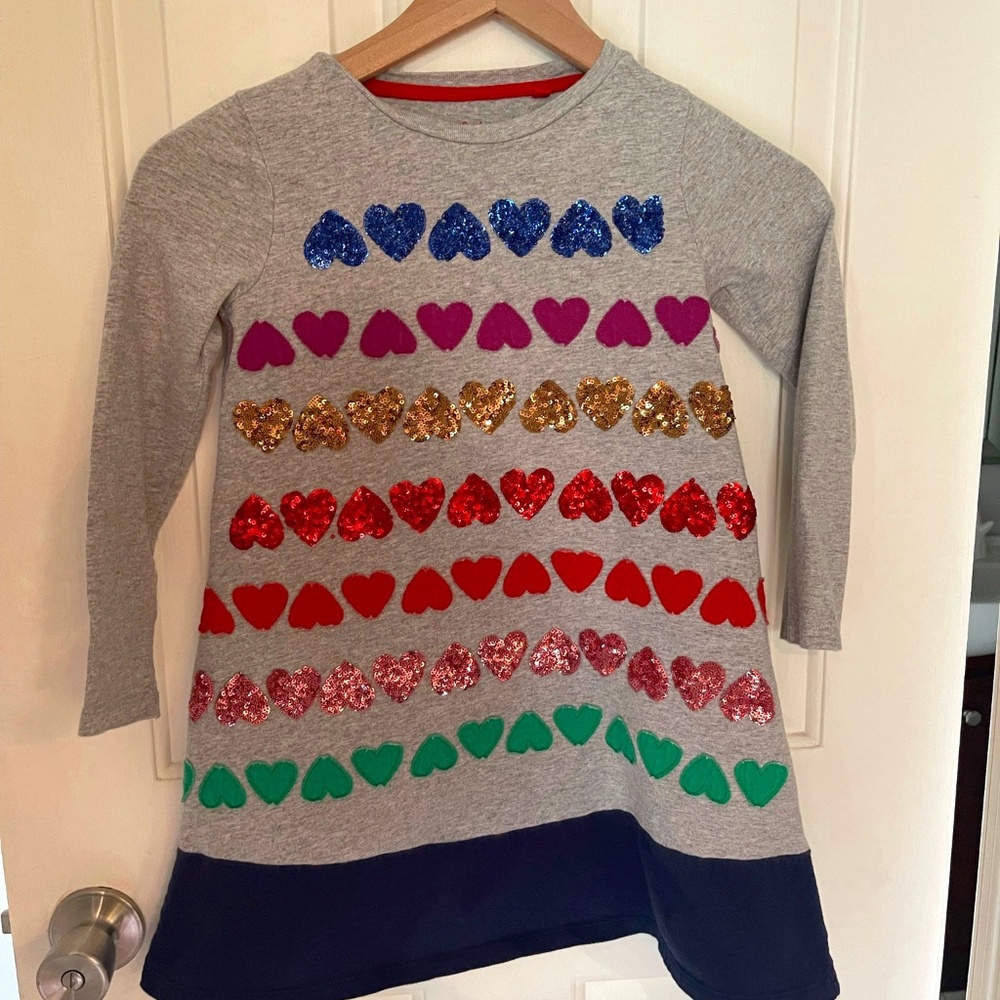 Girls Mini Boden Size 6-7 Sequin Hearts Jersey Dress